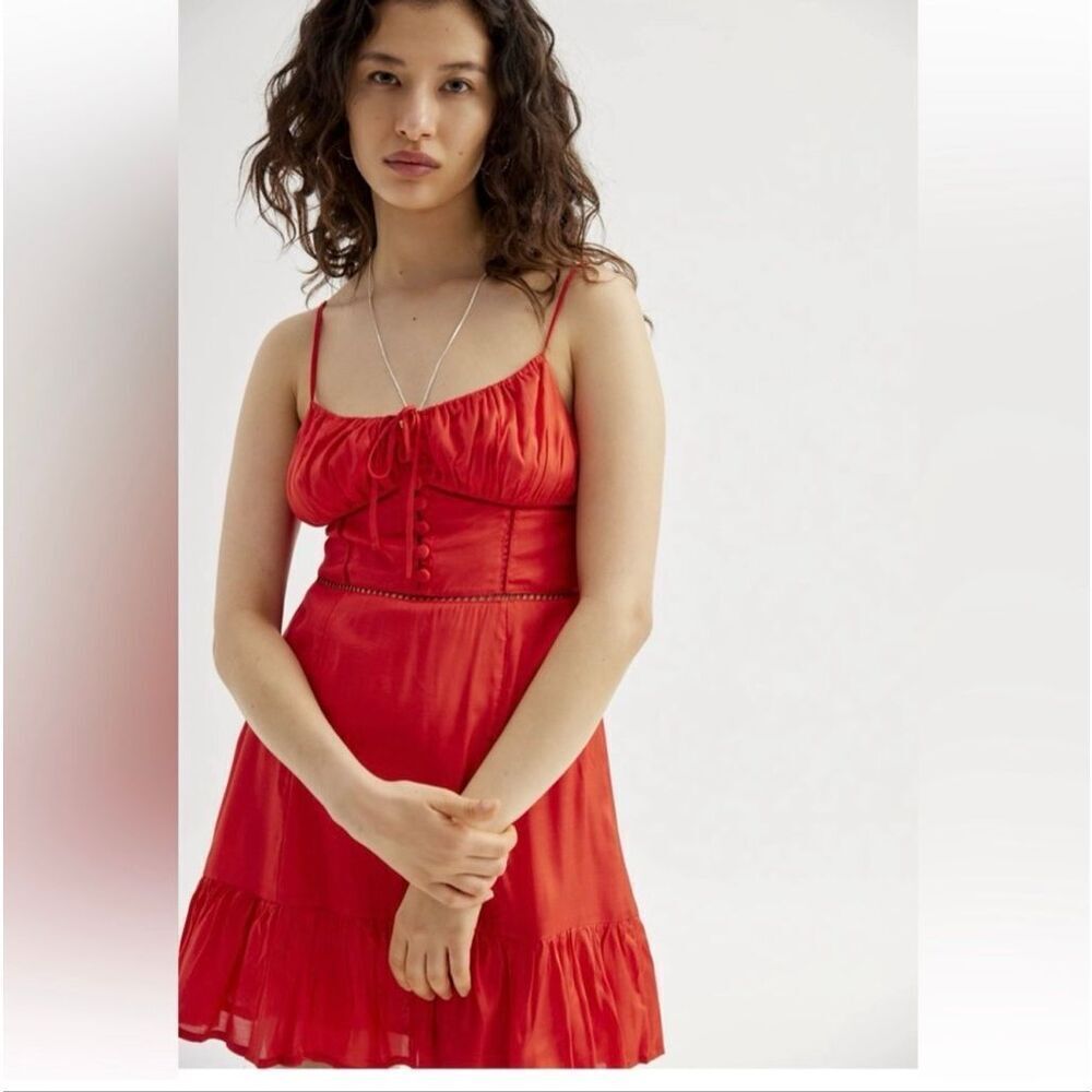 Urban Outfitters Silva tie-front mini dress red sweetheart neckline size L NWT